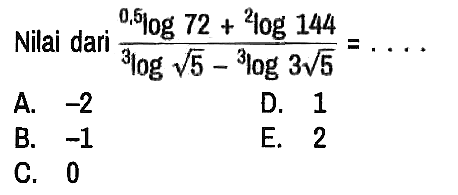 Nilai dari (0,5 log 72 + 2 log 144)/(3 log akar(5) - 3 log 3 akar(5))=...