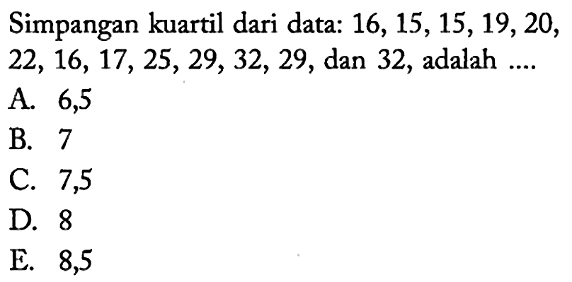 Simpangan kuartil dari data: 16,15,15,19,20,22,16,17,25,29,32,29, dan 32, adalah ....