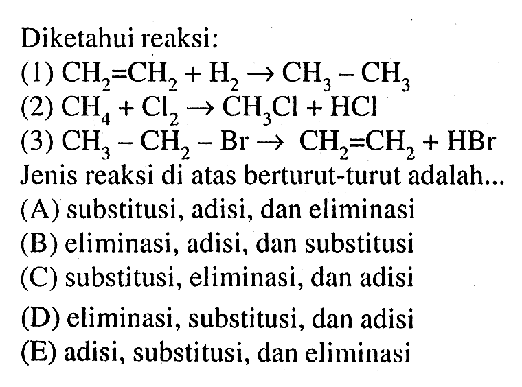 Diketahui reaksi:(1)  CH2=CH2+H2->CH3-CH3 (2)  CH4+Cl2->CH3Cl+HCl (3)  CH3-CH2-Br->CH2=CH2+HBr Jenis reaksi di atas berturut-turut adalah...(A) substitusi, adisi, dan eliminasi(B) eliminasi, adisi, dan substitusi(C) substitusi, eliminasi, dan adisi(D) eliminasi, substitusi, dan adisi(E) adisi, substitusi, dan eliminasi