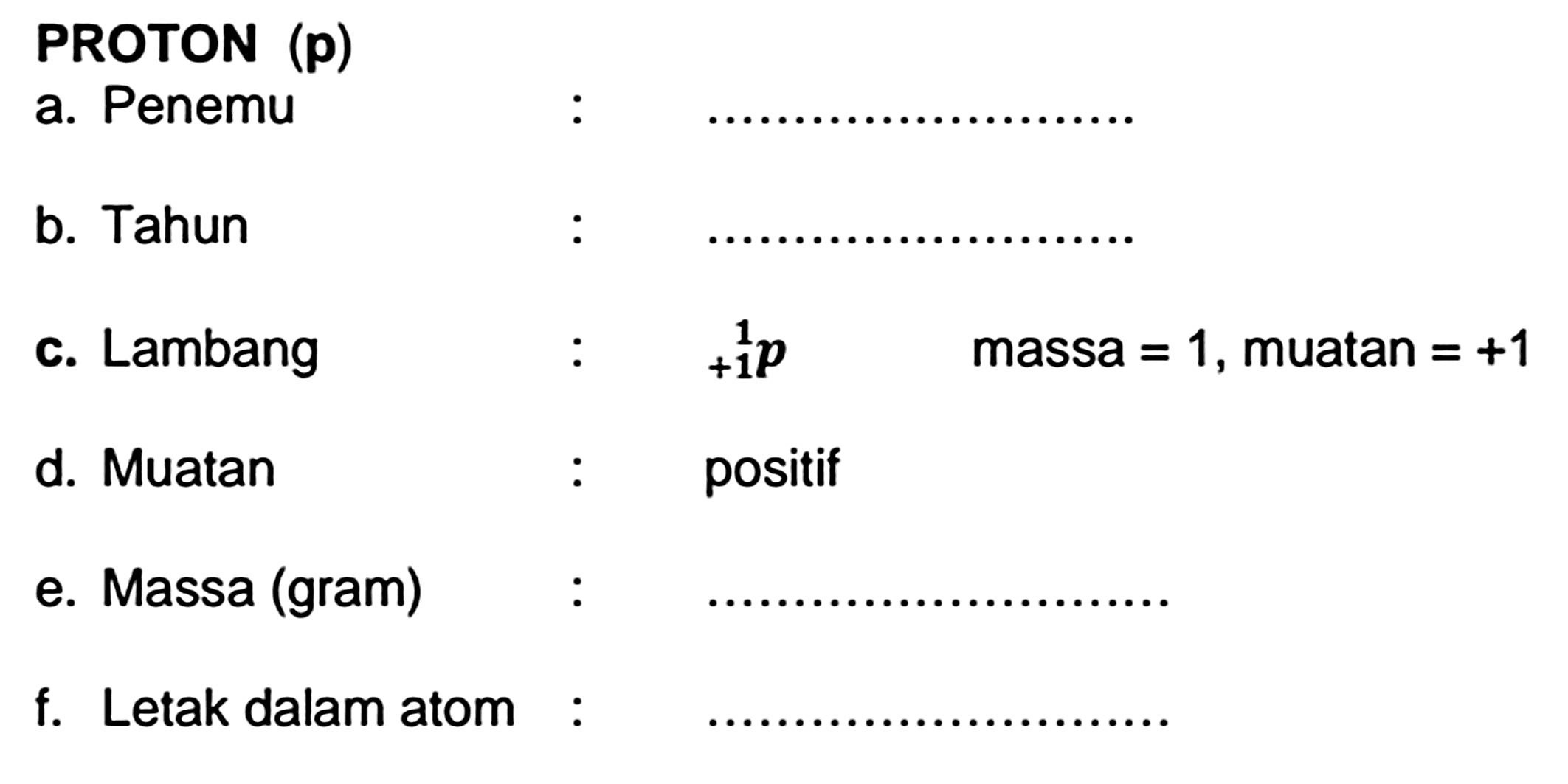 PROTON (p)
a. Penemu
b. Tahun
c. Lambang  : { )_(+1)^(1) p   massa  =1 , muatan  =+1 
d. Muatan : positif
e. Massa (gram) :
f. Letak dalam atom :