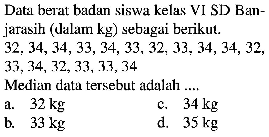 Data berat badan siswa kelas VI SD Banjarasih (dalam kg) sebagai berikut. 32, 34, 34, 33, 34, 33, 32, 33, 34, 34, 32, 33, 34, 32, 33, 33, 34 Median data tersebut adalah ...