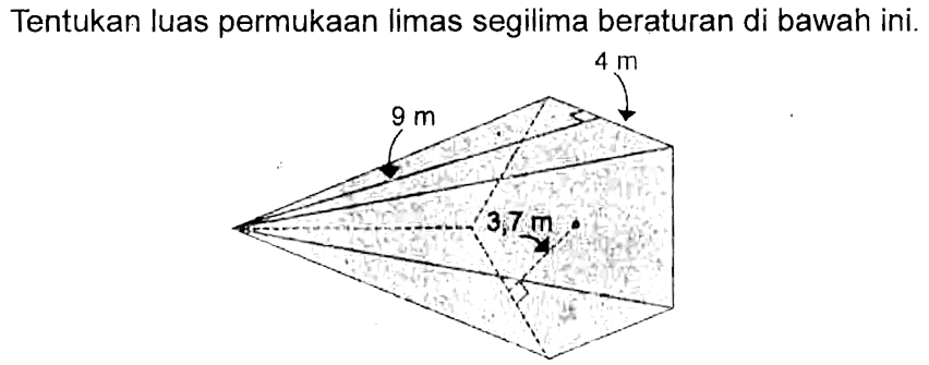 Tentukan luas permukaan limas segilima beraturan di bawah ini. 4 m 9 m 3,7 m