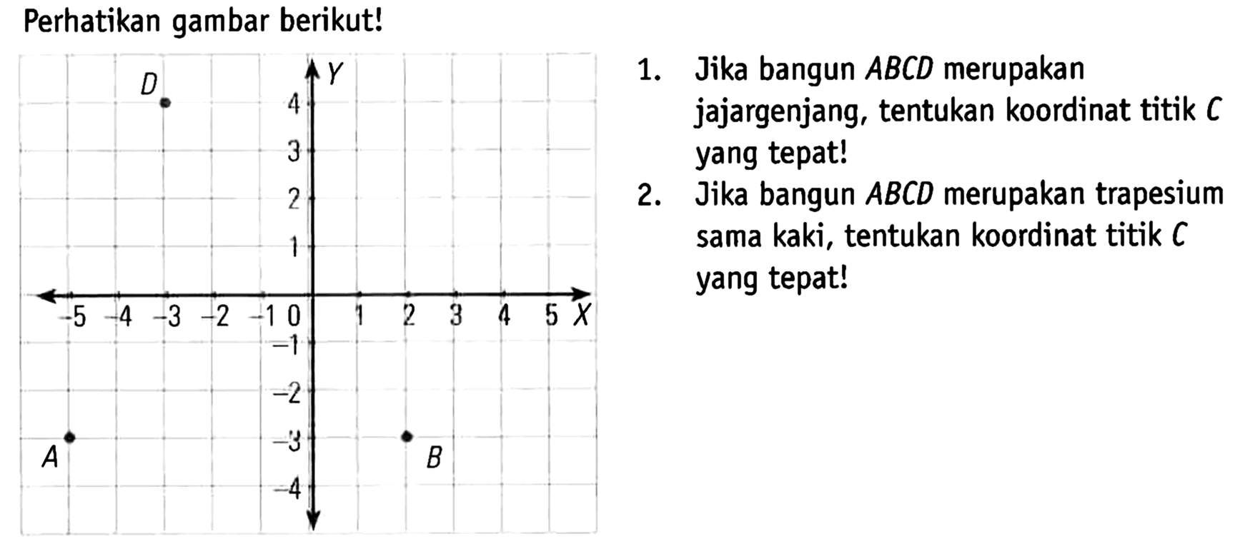 Perhatikan gambar berikut! a. Jika bangun ABCD merupakan jajargenjang, tentukan koordinat titik C yang tepat! 2. Jika bangun ABCD merupakan trapesium sama kaki, tentukan koordinat titik C yang tepat!