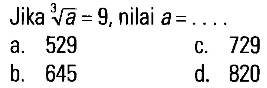 Jika a^(1/3) = 9, nilai a =...