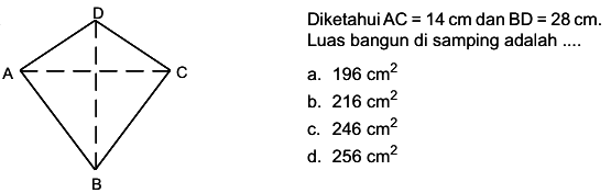 Diketahui AC = 14 cm dan BD = 28 cm. Luas bangun di samping adalah .... D A C B