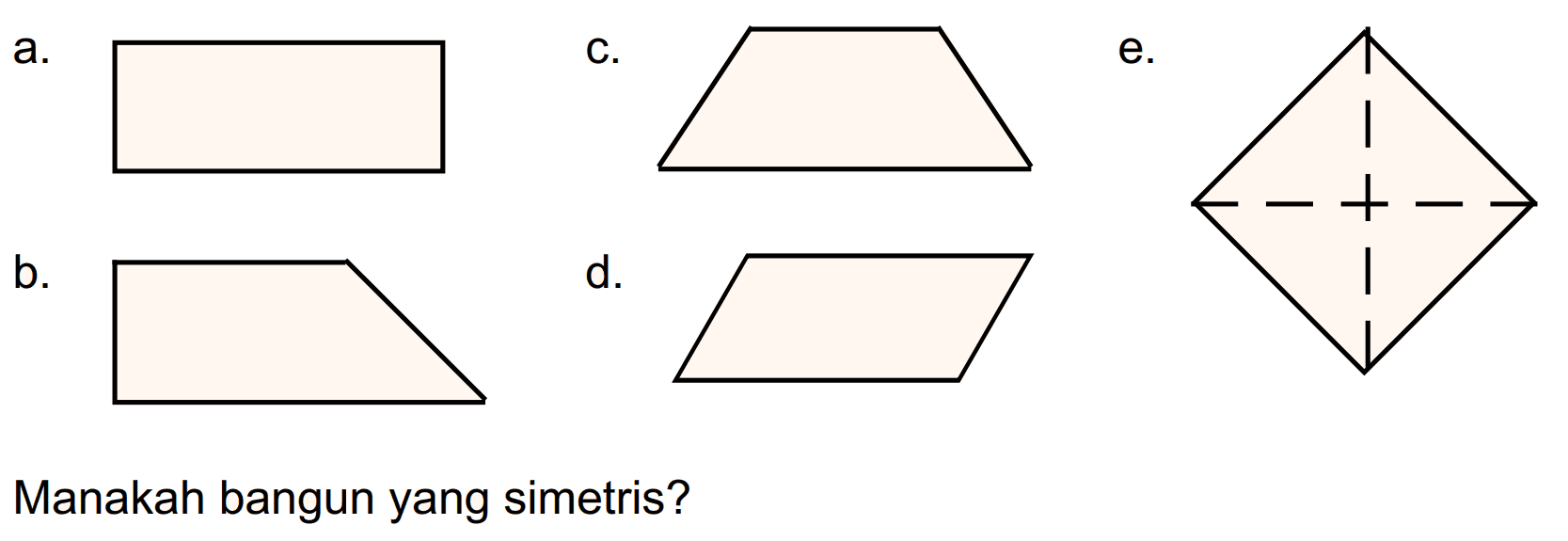 a. (persegi panjang) 
b. (trapesium siku-siku) 
c. (trapesium sama kaki) 
d. (jajargenjang) 
e. (belah ketupat) 
Manakah bangun yang simetris?