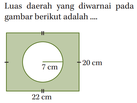 Luas daerah yang diwarnai pada gambar berikut adalah 20 cm 7 cm 22 cm