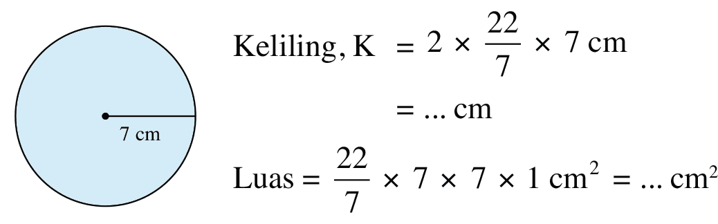 Keliling, K = 2 x 22/7 x 7 cm = ... cm Luas = 22/7 x 7 x 7 x 1 cm^2 = ... cm^2