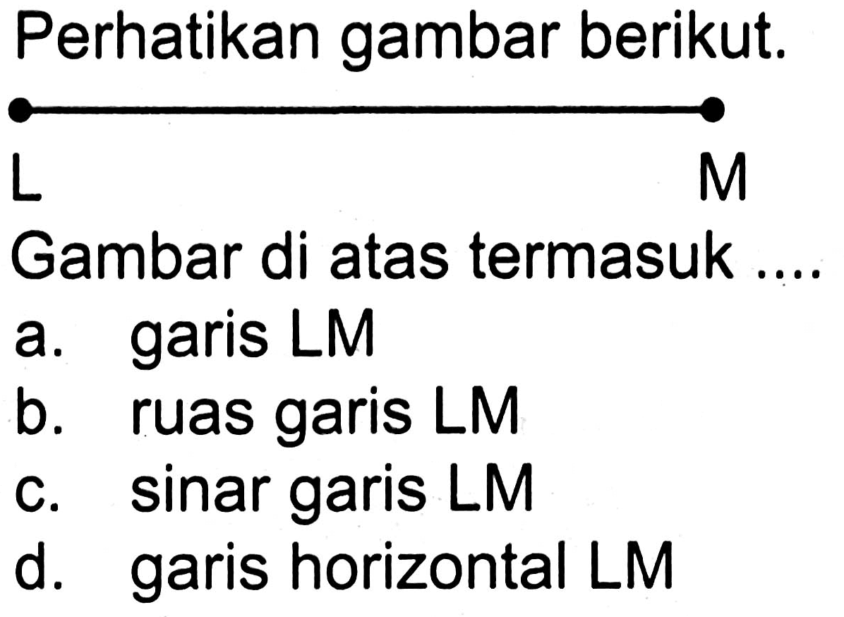 Perhatikan gambar berikut.
Gambar di atas termasuk....
a. garis LM
b. ruas garis LM
c. sinar garis LM
d. garis horizontal LM