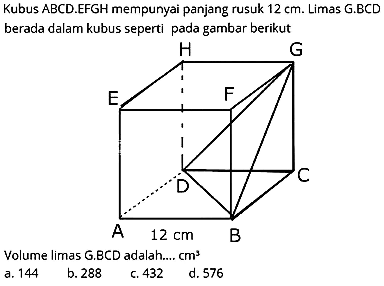 Kubus ABCD.EFGH mempunyai panjang rusuk  12 cm . Limas G.BCD berada dalam kubus seperti pada gambar berikut