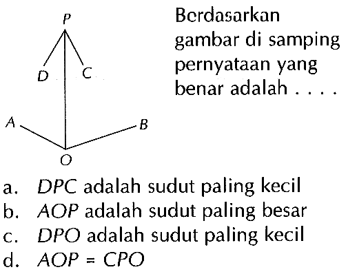 a. DPC adalah sudut paling kecil
b. AOP adalah sudut paling besar
c. DPO adalah sudut paling kecil
d.  A O P=C P O 